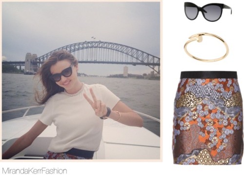In this instagram photo miranda is wearing this Proenza Schouler skirt, these sold-out Christian Dior sunglasses &amp; this possibly exact Cartier bracelet. Will update if exact shirt is found!