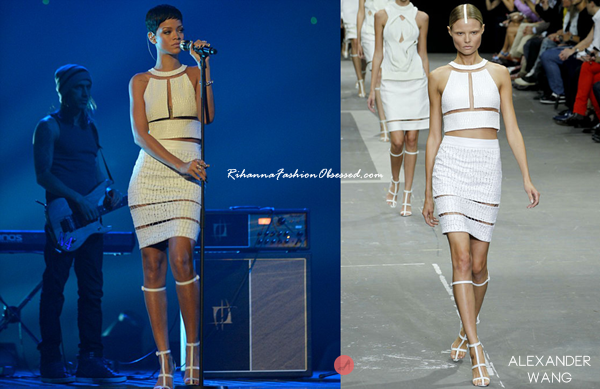 Rihanna performed Stay and We Found Love on The X Factor UK  in a white crocodile skin outfit &amp; white heeled sandals with straps wrapped around the top of the calves from Alexander Wang’s spring summer 2013 collection.