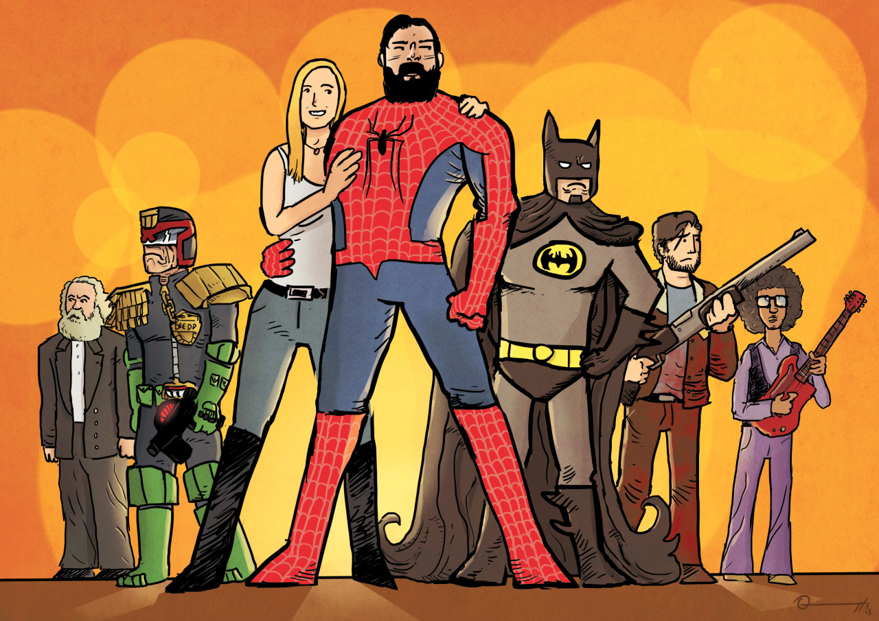 Commission for Neil - featuring the UNLIKELIEST SUPERHERO TEAM.Karl Marx, Dredd, Neil’s brother & g/f, Batman, Grimes (Rick) and Omar Rodriguez Lopez of the Mars Volta