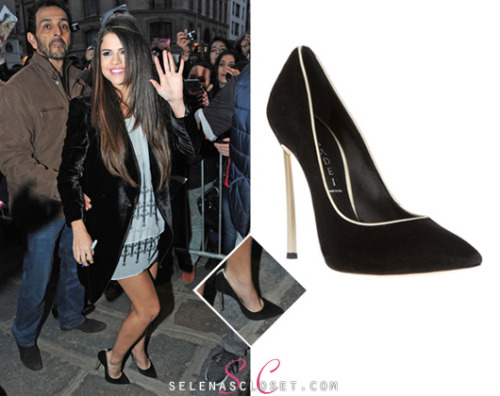 Check out these fierce Casadei Suede Pointed Toe Blade Heel Pumps with Gold Trim that Selena Gomez wore in Paris on February 17, 2013. We cant take our eyes off them! There are available right now on farfetch.com for $780.80 <br /> Buy them HERE <br /> Thanks for the tip loveme-fearlessly <br /> She&#8217;s also wearing a dress by Thomas Wilde. We&#8217;re looking for the rest of her outfit