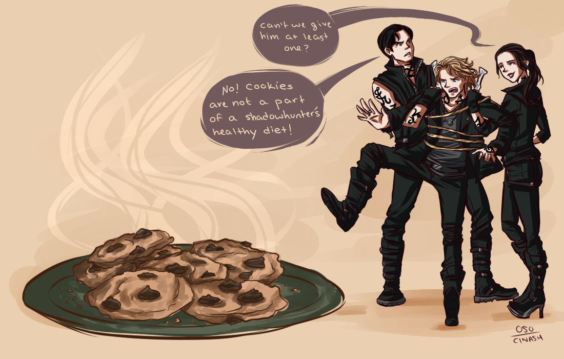 I swear, by the angel, this is what popped into my head when I watched the new MTV exclusive on Jace. I just had to draw it. Jemima and Kevin sure have their hands full. 
Silly Jaime. Cookies are for mundanes. XD
I regret nothing. 
0-s-0 cinash