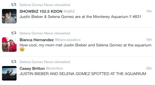 RUMORS&#160;: Justin Bieber was spotted with Selena on January 8th at the Monterey Aquarium.( Not Confirmed )