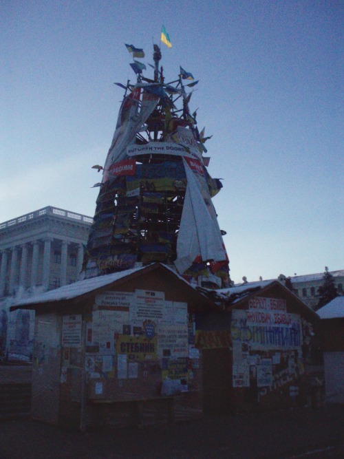 Maidan’s self-made Christmas tree. The violent dispersal of students on the night of Nov 30 was supposedly to finish setting up the traditional Christmas tree on the central city square. After the protests started full-time the unfinished tree was decorated with flags from the Ukrainian regions represented on Maidan and became a symbol of the revolution ~