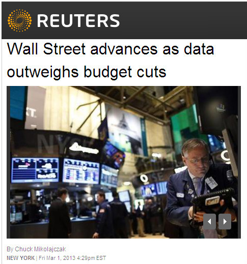 Reuters - 'Wall Street advances as data outweighs budget cuts'