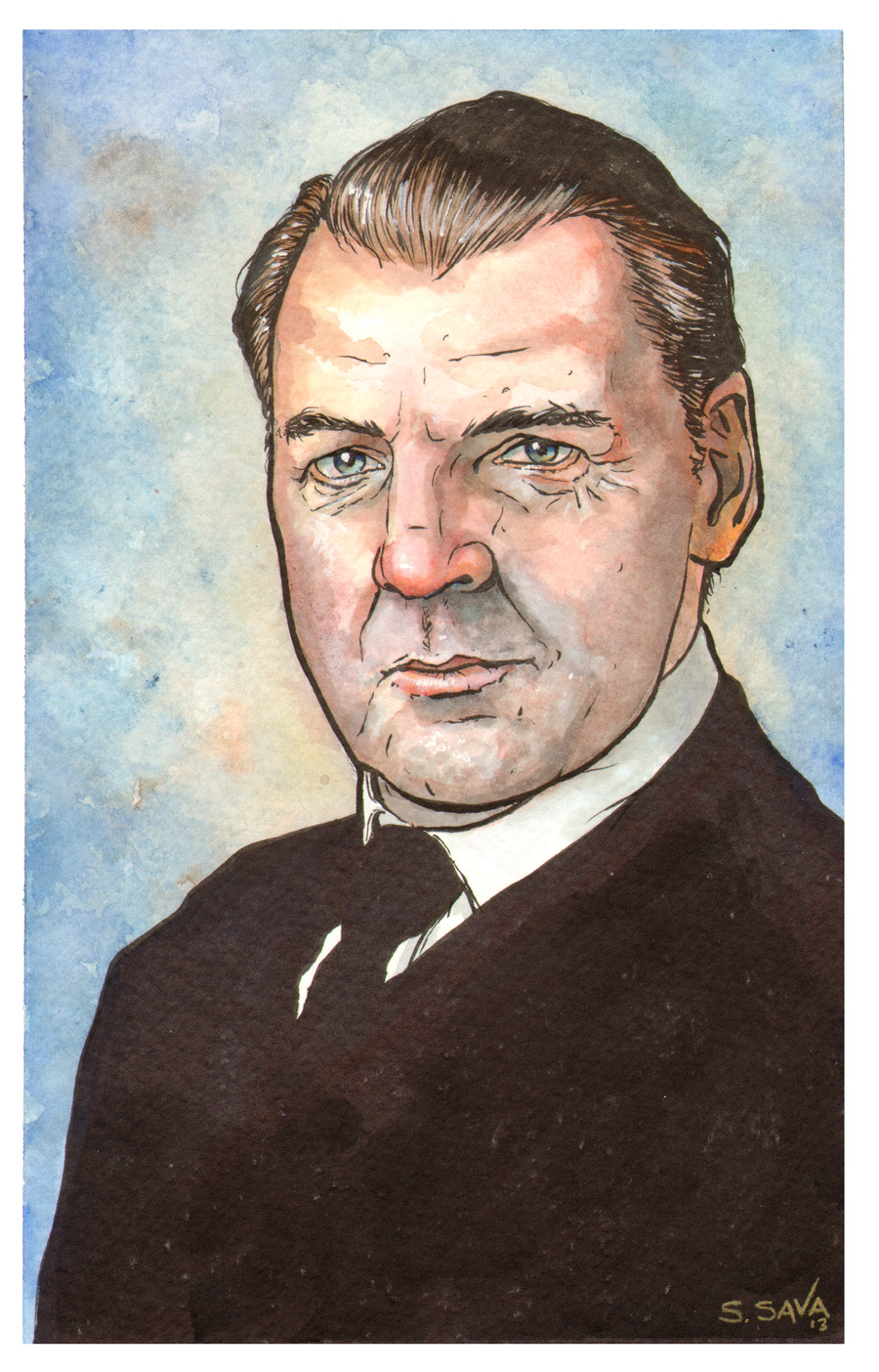 This is my fifth Downton Abbey watercolor painting.About 2 hours.So much fun!Mr. Bates is such a great character.Painting is 6x9 inches on Strathmore Watercolor paper.Done in inks and watercolors.The original painting is for sale here…https://www.etsy.com/listing/124350644/mr-bates-from-downton-abbey-originalThanks</p>
<p>Thank you for the kind words and reblogs!<br />
:)