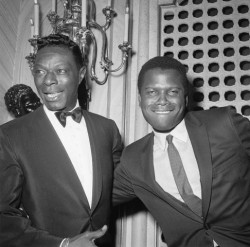 Sidney Poitier and Nat &#8220;King&#8221; Cole cutting up at the 1963 #Oscars at the Santa Monica Civic Auditorium, April 8, 1963. One of my favorite pictures EVER! Photo: Michael Ochs Archives, Corbis.