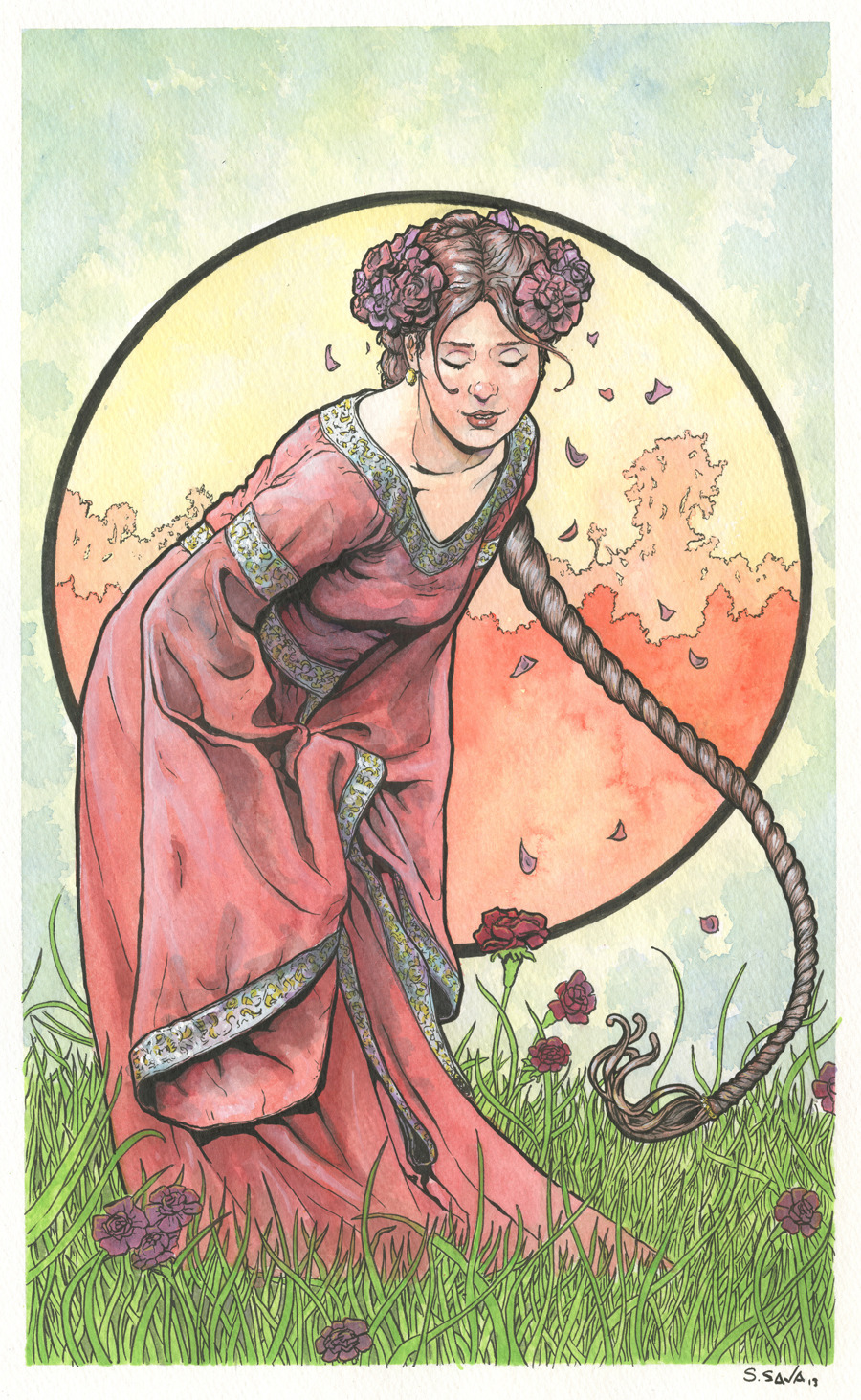 This is the 14th Art Nouveau/Alphonse Mucha inspired watercolor painting in a series I&#8217;m producing.The painting is on 12x18 inch Strathmore Cold Press watercolor paper. Done in watercolors and ink.Photo reference/inspiration from Magikstock (who temporarily has their stock photos offline)&#8230;http://magikstock.deviantart.com/Original paintings can be purchased here…http://www.etsy.com/shop/ScottChristianSava?section_id=11821287and Limited Edition Prints can be purchased here…http://www.etsy.com/shop/ScottChristianSava?section_id=11821297Thanks for looking!Scott