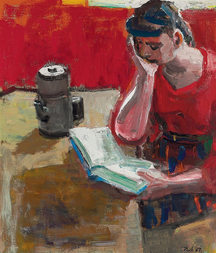 Woman Reading (1957). David Park (American, 1911-1960). Oil on canvas.
In the 1950s, the San Francisco Bay Area was an epicenter for new thinking and artistic exploration. At the center was Park, whose bold colors and everyday subjects helped usher in a new modernism. In search of a form beyond the then-popular Abstract Expressionism. Park started the Bay Area Figurative Movement.
