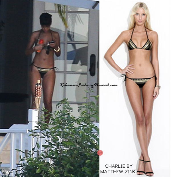 Rihanna was spotted chatting with girl pal, Melissa Forde, in her native hometown of Barbados wearing a Charlie by Matthew Zink Grecian Foil Charlie bikini.