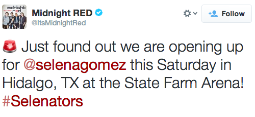 March 4: Midnight Red will be opening up for Selena this Saturday at the State Farm Arena in Hidalgo, Texas!