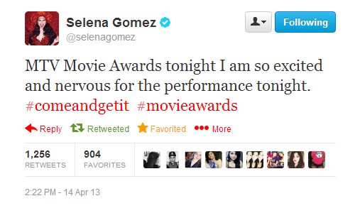 @selenagomez:MTV Movie Awards tonight I am so excited and nervous for the performance tonight. <a href=