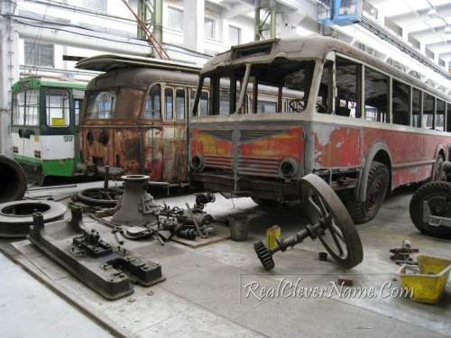 Some old Skoda buses in a closed off area of the museum