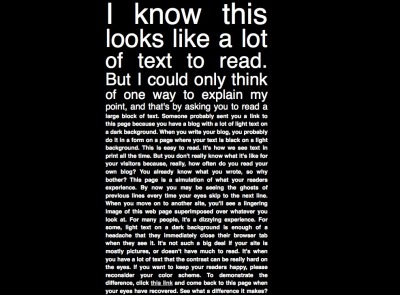 a block of white text on a black background showing how white text is hard to read
