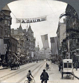 Reaching for the Out of Reach 1: Spring Street during the holidays, San Francisco, circa 1883. [ more from this project (info) ]