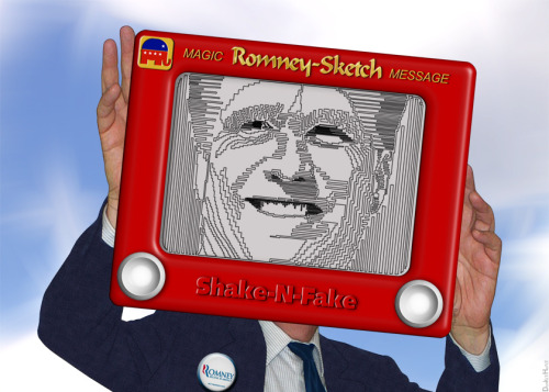 Romney caricatured as an Etch-A-Sketch
