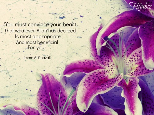 hijabiz:

“You must convince your heart that whatever Allah has decreed is most appropriate and most beneficial for you.”—Imam al-Ghazali 