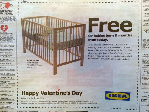 Ésta si que es una buena promoción de San Valentin! Ikea regala una cuna de bebe a las parejas cuyo hijo nazca dentro de 9 meses!