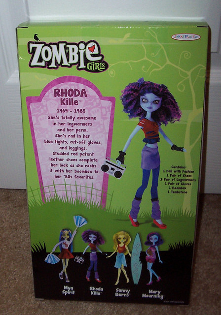 dollienews:

Jakks Pacific Zombie Girls Mya Spirit and Rhoda Kille.
Each girl represents a different time period based off when they lived, which you can see on their tombstones that doubles as a stand. They need to take off their shoes to use the stand however.
Photo’s belong to Venivididolli on Flickr, who also wrote a more indepth review on the dolls.
