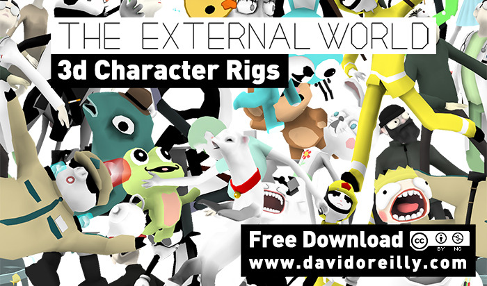 I&#8217;ve decided to release all 65 character rigs from my short film The External World as a free download. You can use and modify them in any way you like as long as it&#8217;s for a non-commercial purpose. Showreels, short films, indie games, all that stuff is cool - just give credit. If it&#8217;s web based - include a link to my site.
I&#8217;m releasing these without a how-to (or support of any kind) but it should be very straight forward. They are extremely low-weight and easy to animate with, all are compatible with versions of Maya after 2010. Extra controls are available from the channel box when you select the head/hands/feet controls. Most if not all have FK/IK switching. Some have facial controls, others don&#8217;t. These were custom built for whatever scenes they appeared in, but they have a lot of range and potential to do other stuff. 
If you make something cool - tweet it at me, or post it on my facebook page. Excited to see what you guys come up with!
DOWNLOAD HERE!