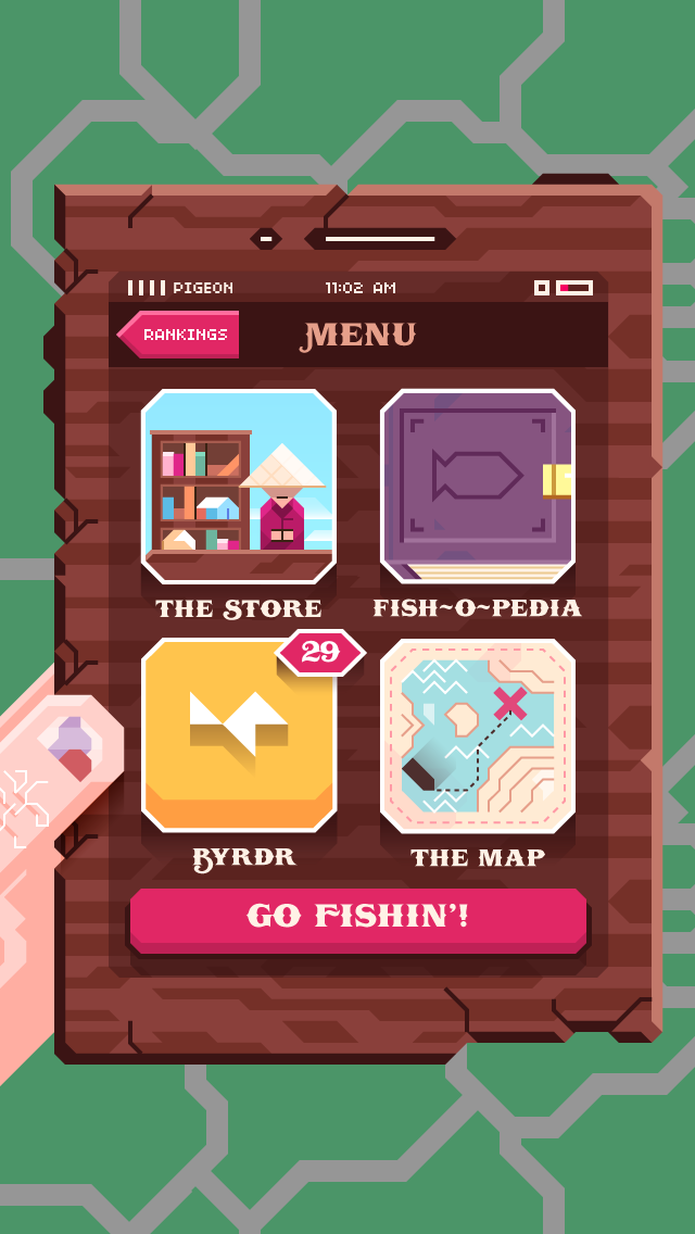 Ridiculous Fishing - The fisherman&#8217;s in-game wooden phone displays the device&#8217;s actual cellular reception, time and battery life./via Britt Selvitelle