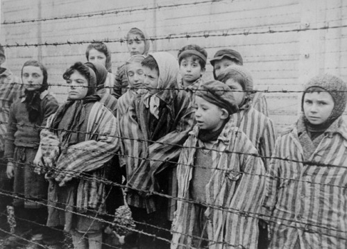 
Child survivors of Auschwitz, wearing adult-size prisoner jackets, stand behind a barbed wire fence. Among those pictured are Tomasz Szwarz; Alicja Gruenbaum; Solomon Rozalin; Gita Sztrauss; Wiera Sadler; Marta Wiess; Boro Eksztein; Josef Rozenwaser; Rafael Szlezinger; Gabriel Nejman; Gugiel Appelbaum; Mark Berkowitz (a twin); Pesa Balter; Rut Muszkies (later Webber); Miriam Friedman; and twins Miriam Mozes and Eva Mozes wearing knitted hats.
1945, Auschwitz, [Upper Silesia] Poland Credit: Belarusian State Archive of Documentary Film and Photography
