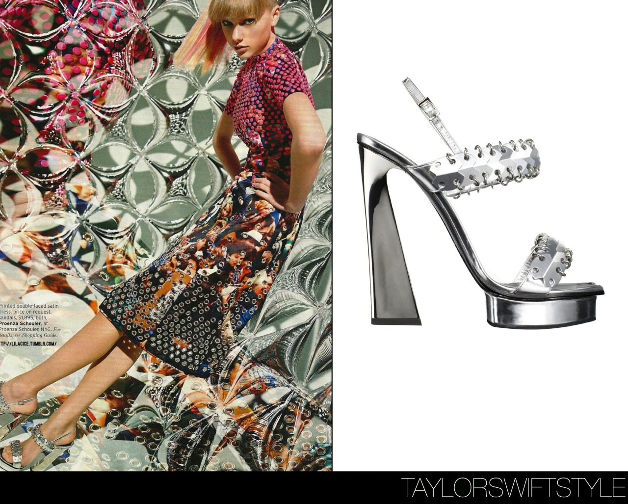 In a photo spread for Elle magazine | March 2013Proenza Schouler Spring 2013 RTWRiveted mirror heel sandals finish Taylor’s Proenza S2013 look. Worn with: Proenza Schouler dress