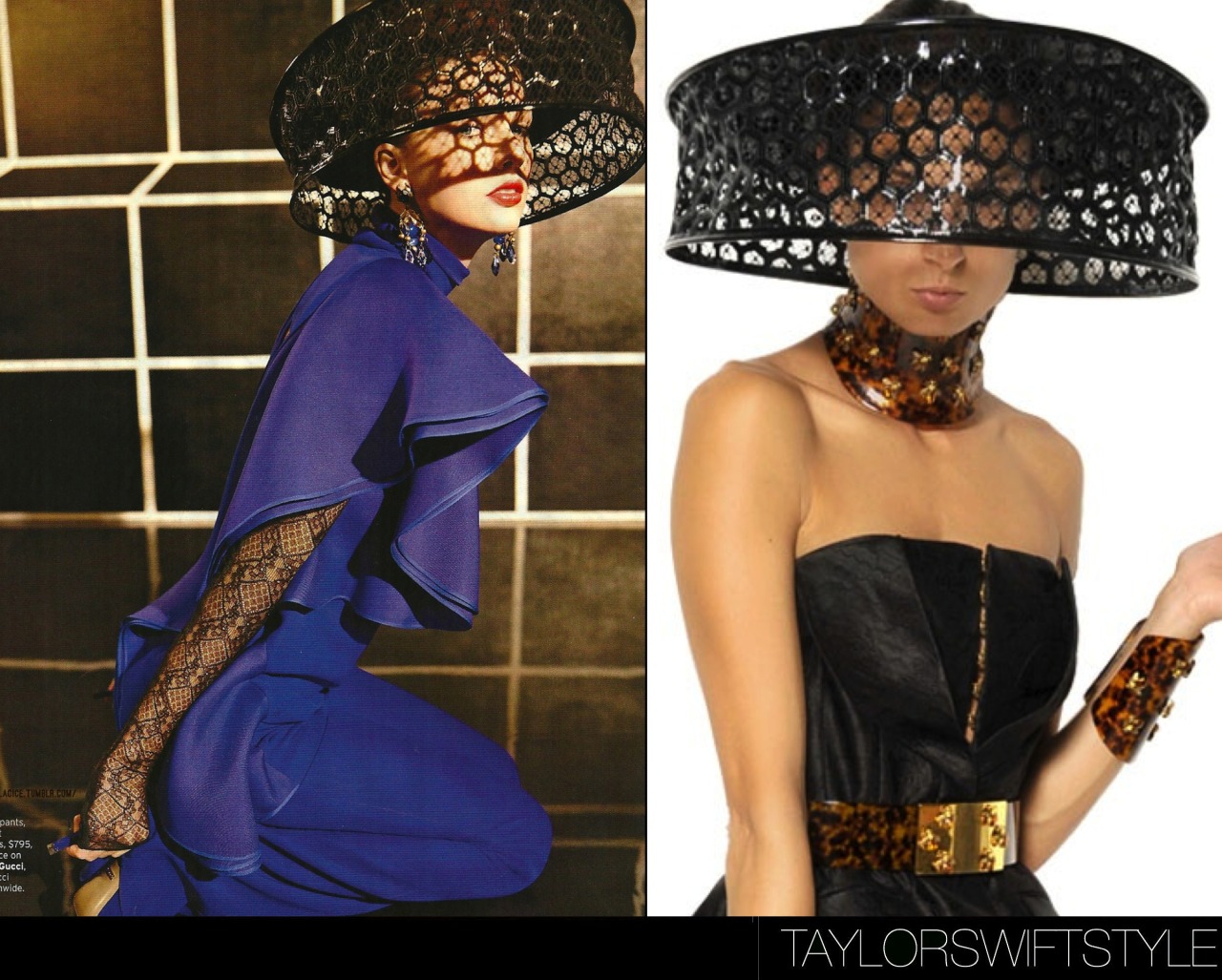 In a photo spread for Elle magazine | March 2013Alexander McQueen &#8216;Honeycomb Patent Lace Hat&#8217; - $1995.00My personal favourite look from the shoot. Taylor looks so couture with this beekeeper-inspired headpiece by the one and only Alexander McQueen&#8217;s Spring 2013 collection.Worn with: Gucci top/pants, Gucci earrings and Gucci booties