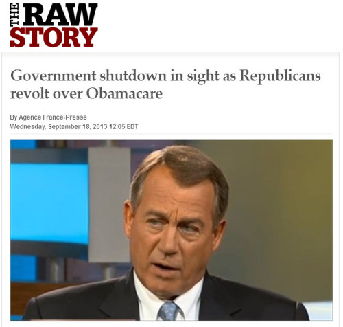 Raw Story - Government shutdown in sight as Republicans revolt over Obamacare