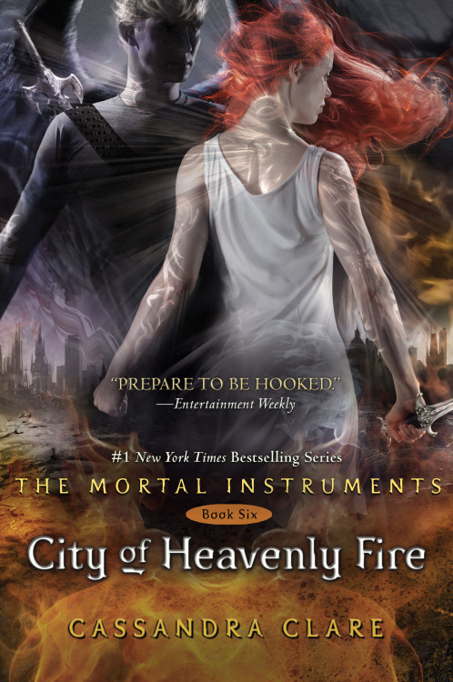 So, the nice version of the cover of City of Heavenly Fire that went up on TV yesterday!
Yes, that is Clary and Sebastian. Yes, Clary is wearing white. She does wear white in the book at a certain point. There are interesting details up close about both their weapons, and if you look closely you can see the chain of Clary&#8217;s necklace. Remember the covers of the books don&#8217;t use the runes from the Codex or that we saw in the movie. They are pretty designs, but they don&#8217;t mean anything.