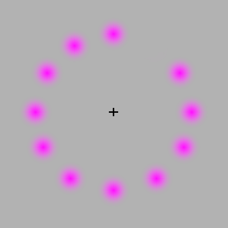 Follow 3 Steps Below:
1. Follow the movement of the rotating pink dot with your eyes. You will see only one color - Pink.
2. Now stare at the black &#8220;+&#8221; in the center, and the moving dot turns to green.
3. Now keep staring at the &#8220;+&#8221;, and after a short time, all the pink dots disappear, and all you see is a rotating green dot!