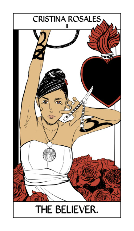 More of Cassandra Jean&#8217;s Shadowhunter Tarot!  Cristina, looking fierce with her butterfly knife, taking the card of the High Priestess.
A couple of people have asked me if there&#8217;s any plans to sell the Shadowhunter Tarot but it hadn&#8217;t crossed my mind, really! They&#8217;re meant to be fun — maybe Cassandra and I can figure out a way to make them downloadable/printable.