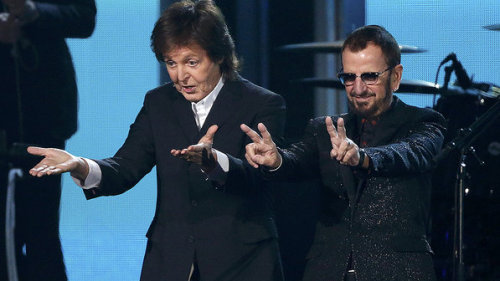 Paul McCartney and Ringo Starr performing Queenie Eye at the 56th Grammy Awards
