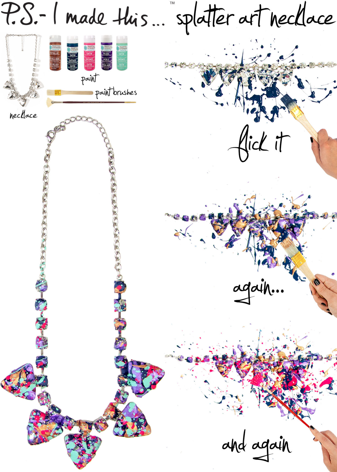
Whether you&#8217;re a Jackson Pollock aficionado or couldn&#8217;t get enough of Spin Art as a kid, there&#8217;s no denying the positive impact of colorful and energetic splatters of paint. Add an unexpected addition to your outfit with jewelry inspired by designer Tom Binns&#8217; splatter-effect Spring 2013 collection. This artistic wow-factor will makes you want to celebrate and paint the town. So bring out your inner DIY expressionist and turn an old accessory into a fresh work of art!

To create: Select an assortment of paint colors. The more colors, the more layers you&#8217;ll have. To keep a tidy space, use newspaper or a drop cloth. Pour a dollop of paint onto a protective surface and dab a paint brush; flick onto a statement necklace, we opted for a chunky rhinestone version. Take your next color and repeat. Try different brushes for an array of speckled effects. Once finished, let completely dry before wearing.