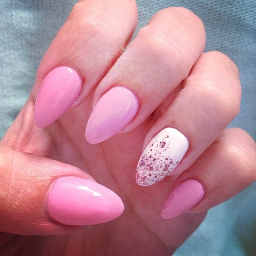 ... nails #pointy nails #ring finger designs #glitter nails #pink nails