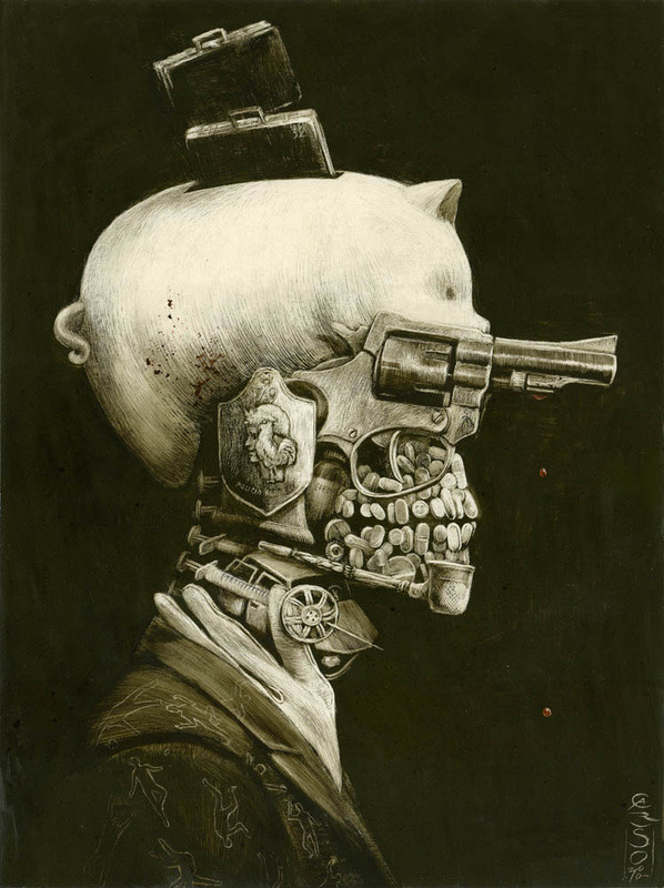 
CHILLING WORKS BY SANTIAGO CARUSO on Juxtapoz 
JUXTAPOZ: Santiago Caruso is an Argentinean artist born in Buenos Aires. Covering subjects of fear, passion, desolation and violence, it’s surprising that Caruso is twenty-nine years old. Having a classic painting technique and creating illustrations that look like they’ve come out of an 1800’s science illustration book, Caruso has style and skills beyond his years, Read more…
image: “Portrait of Crime” / ink and scratching over paper /  2010
