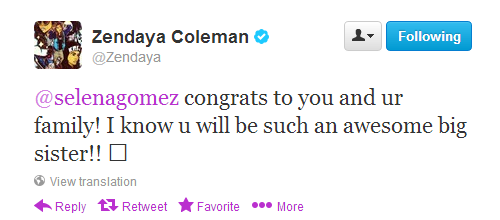 Zendaya Coleman gives her congrats to Selena and her family!