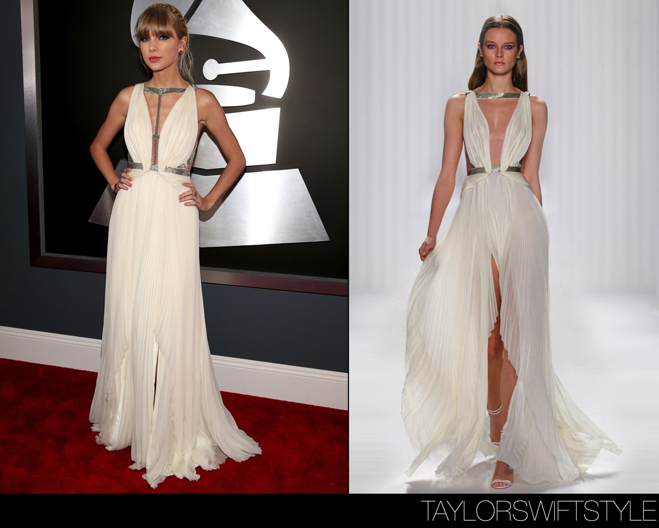 taylorswiftstyle:The 55th Annual GRAMMY Awards | Los Angeles, CA | February 10, 2013J Mendel Spring 2013 RTW (Look 45)Looking like a grecian goddess, this gown by J Mendel was saved from being just another ivory chiffon confection in Taylor’s repertoire by that thigh-high slit and micro-bugle metallic straps that were custom-fitted on the plunging neckline for Tay’s version of the runway dress.Taylor walked the GRAMMY red carpet after already picking up a gramophone for Best Song for Visual Media with 