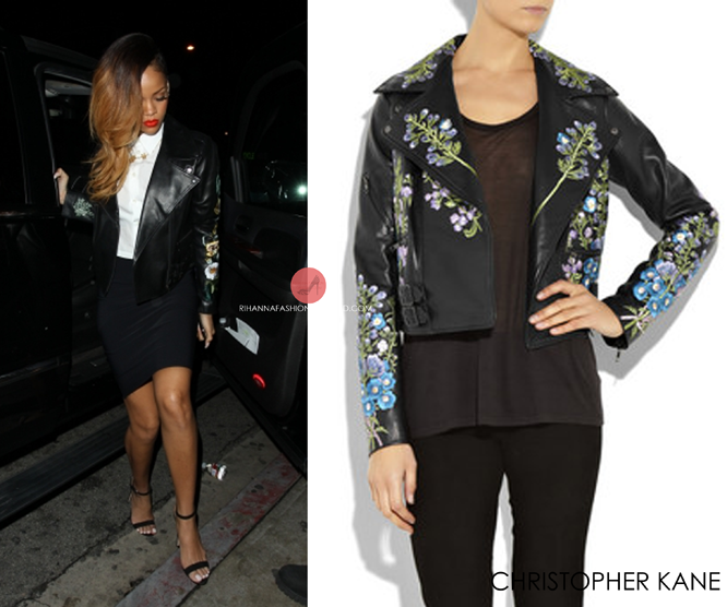 Rihanna yesterday spotted arriving at the Greystone Manor nightclub, LA. The singer kept it cute in a embroidery floral detailed leather jacket by designer Christopher Kane from his A/W 2010 collection, she paired her look with Manolo Blahnik &#8216;choas&#8217;  heels. 
*Pencil skirt by designer Lanvin