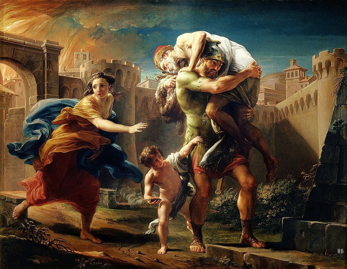 Aeneas Fleeing Troy. 1750. Pompeo Batoni. Italian 1708-1787. oil/canvas.
http://hadrian6.tumblr.com