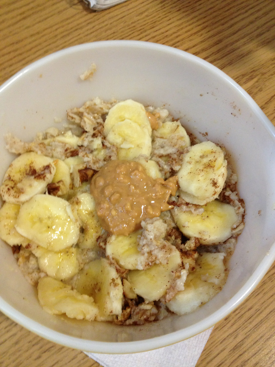Old fashioned oats, banana, walnuts, cinnamon, &amp; a dollop of all natural crunchy pb