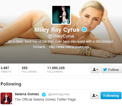 Miley Cyrus followed Selena on Twitter!