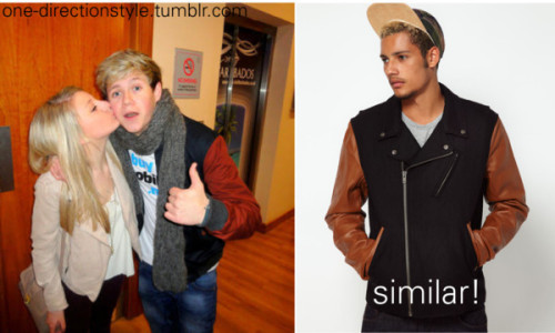 Niall with a fan at the Derby match earlier
Jacket: WESC Leather Biker Jacket £300.00