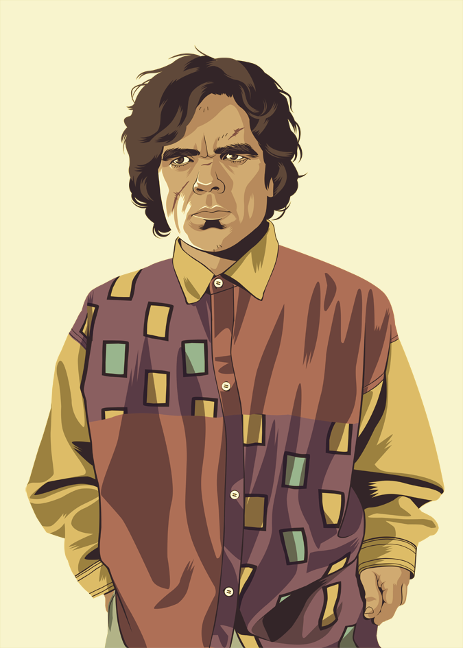 Tyrion, with an unlikely shirt straight out of an episode of Parker Lewis