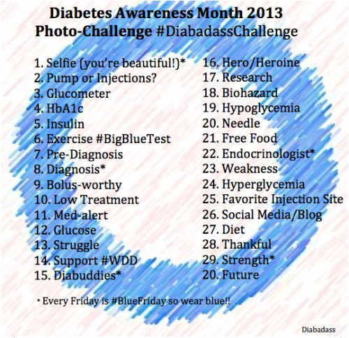 diabadass:

DIABETES AWARENESS MONTH 2013 PHOTO-CHALLENGE!!!
I worked really hard making this. I hope everyone likes it! Finding diabetes related stuff to represent in pictures is more difficult than it sounds. I tried to focus on making it fun and interesting. I’m going to post this on twitter, instagram, and maybe Facebook as well.
Please hashtag #DiabadassChallenge so I can find your posts and see your photos on every social network. If you want to add me on any of them just message me and I’ll link you.
If you decide to use this on any of other blogs, please credit me!! I put so much thought into this trying to make it unique and also creating the background. This is the first time I’ve ever created anything fun like this. I don’t want any copycats! 
Thank you so much, diabuddies!! You are ALL so amazing &lt;3