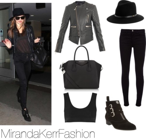 Miranda paired this balenciaga quilted leather jacket with this rag &amp; bone fedora, her givenchy bag, these tabitha simmons buckle boots and this possibly exact Beth Richards mesh top. Here is a similar to her jeans by J brand!