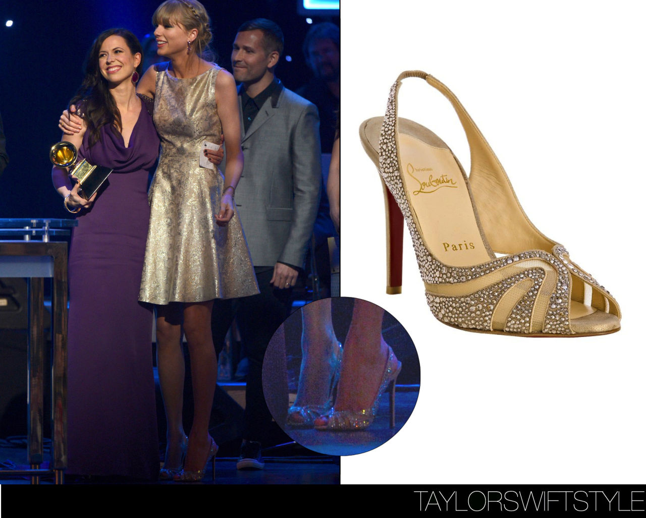 The 55th Annual GRAMMY Awards Pre-Telecast | Los Angeles, CA | February 10, 2013Christian Louboutin &#8216;Alta Rita Sandals&#8217; - no longer availableTaylor celebrates her GRAMMY win with co-writer Joy Williams of The Civil Wars for &#8220;Safe and Sound&#8221;.Worn with: Jenny Packham dress