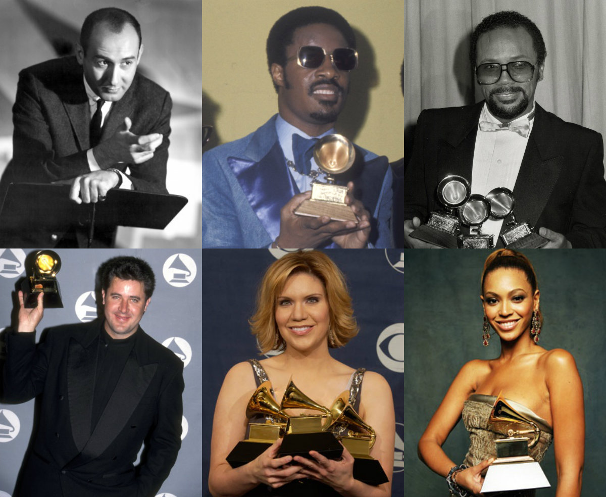 GRAMMYs Biggest Winners By Decade

1950s - Ella Fitzgerald (4)
1960s - Henry Mancini (16)
1970s - Stevie Wonder (15)
1980s - Quincy Jones (14)
1990s - Vince Gill (14)
2000s - Alison Krauss (16) &amp; Beyoncé (16) [tie]
2010s - Adele (7), Jay Z (7), Kanye West (7) [so far]
