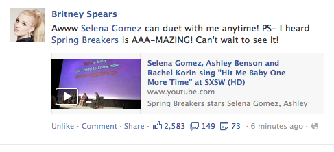 
Britney Spears’ latest Facebook post about Selena 

