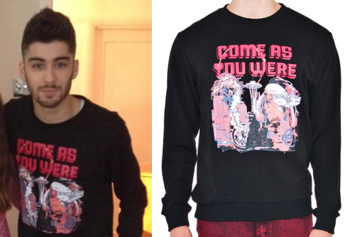 Zayn wore this &#8216;Come as You Were&#8217; sweater in a recent picture with a fan.
Cheap Monday - £25
