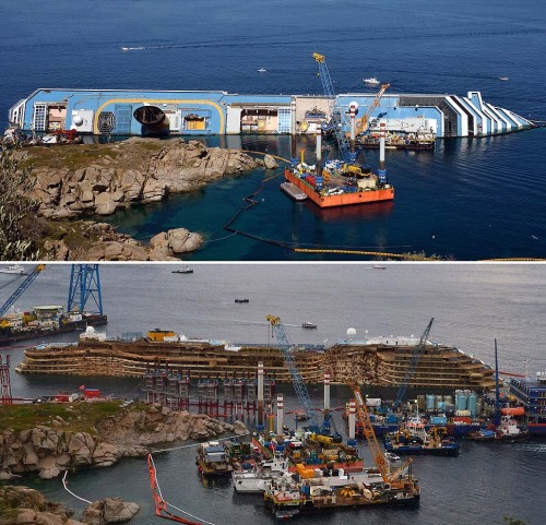 This combination of photos shows the Costa Concordia cruise ship near the harbor of Giglio, Italy and after being pulled upright in the biggest project of its kind 